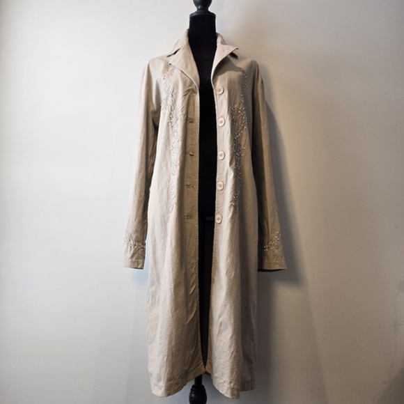 100% Cotton Tan Khaki Long Trench Coat Jacket Small - Picture 1 of 16